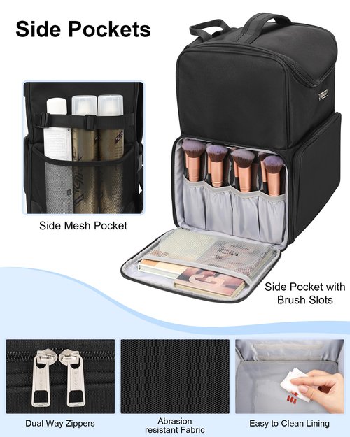 Relavel Makeup Backpack Large Makeup Bag with 3 Clear Set Bags, Dual Layer Professional Cosmetic Organizer Travel Train Case Makeup Artist Kit with Adjustable Dividers & Easy to Clean Lining, Black