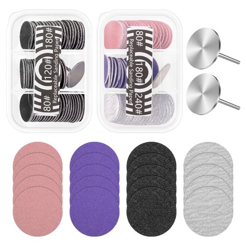 BELICOO 120 Pcs Sanding Paper Disc w/ 2 Metal Bit, 80/120/180/240 Grit Round Pedicure Replacement Sanding Discs for Electric Nail File Bits, Foot File Sandpaper Discs for Dead Skin Foot Callus Remover