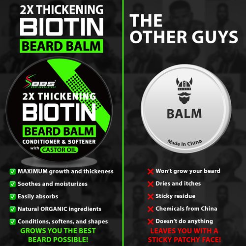 Biotin Beard Balm for Men - 2X Thickening for Beard and Mustache - Organic Mustache Wax with Castor Oil & Meadowfoam – Hydrating Facial Hair Growth Balm & Leave-In Conditioner