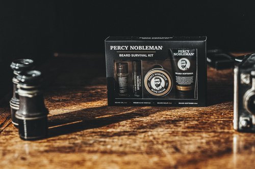 Percy Nobleman Beard Survival Kit, a Beard Grooming Kit containing a scented beard oil, beard balm, moustache wax, and a beard softener