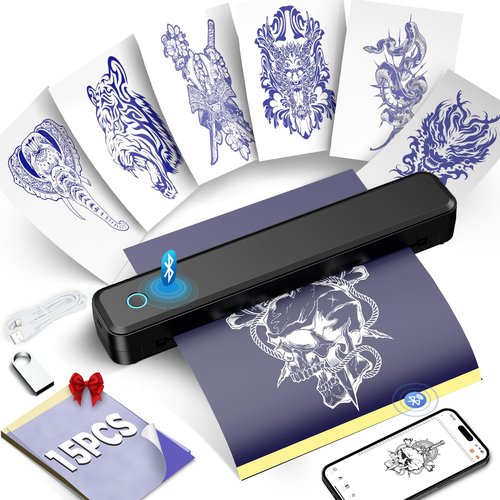 Tattoo Stencil Printer Machine Bluetooth, Portable Thermal Temporary Tattoo Printer with 15pcs Transfer Paper, Compatible with Phone/Tablet/PC, Tattoo Supplies Assist Kit for Beginners (Black)