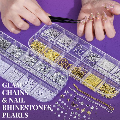 FANDAMEI Nail Charms and Nail Brushes, Nail Accessories Kit with 15 Pcs Nail Art Brushes, 6 Box Nail Charms and Gems, 10 Pcs Flower Nail Stickers, 5 Pcs Dotting Tools, Nail Art Kit with Nail Brush