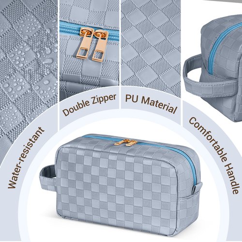 MAGEFY Makeup Bag, Checkered Travel Cosmetic Bag with Handle Leather Makeup Pouches for purse Make Up Bag Cute Makeup Bags for Women,Blue Haze