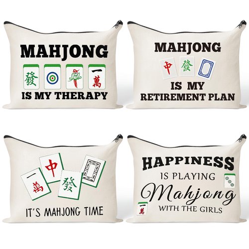 GioXtra Funny Mahjong Makeup Bag - 4Pcs Lucky Mahjong Tiles Gifts Travel Toiletry Zipper Organizer Cosmetic Bag Pen Purse Pouch for Women Board Game Lover Player Birthday Gift Travel Organizer Supply