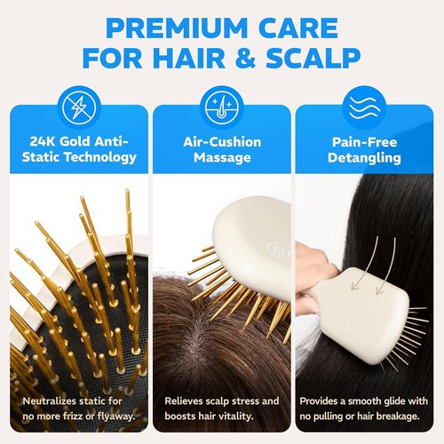 24K Gold Plated Gua Sha Hairbrush - Anti-Static Scalp Massager & Detangler for All Hair Types