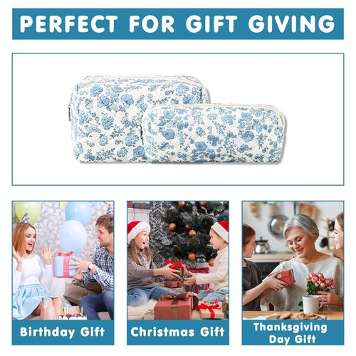URSKYTOUS 2Pcs Floral Makeup Bag for Women Cotton Quilted Small Coquette Cosmetic Bag Cute Zipper Blue Flower Makeup Pouch Aesthetic Portable Pencil Case Travel Toiletry Bag Trendy Cloth Skincare Bag