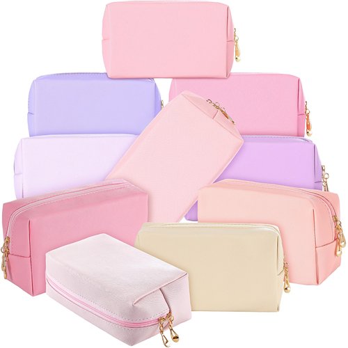 Sanwuta 9 Pcs Makeup Bags Bulk PU Double Zippers Cosmetic Bag Makeup Toiletry Small Pouch Portable Travel Organizers Case for Women Bridesmaid Proposal Gifts(Pink Purple Series)