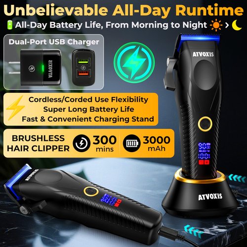 ATVOXIS Metal Body 9000 RPM Brushless Motor Professional Hair Clippers for Men: Cordless Barber Clipper with DLC Blades LED Display Fast Charging Stand Travel Pouch Maquina para Cortar Pelo De Hombre