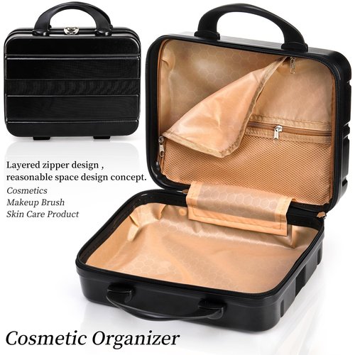 Acshio Mini Hard Shell Cosmetic Travel Case, 12 Inch Small Portable Makeup Train Case with Elastic Band Handle, Pressure-proof ABS Carrying Suitcase Toiletry Box for Travel, Camping, Black