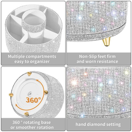 fanado Bling Diamond Makeup Brush Holder, 360° Rotating Makeup Organizer, 5 Slot Make up Brushes Cup for Countertop, Storage for Cosmetics Pen Eyeliner Skincare on the Vanity (Diamond white)