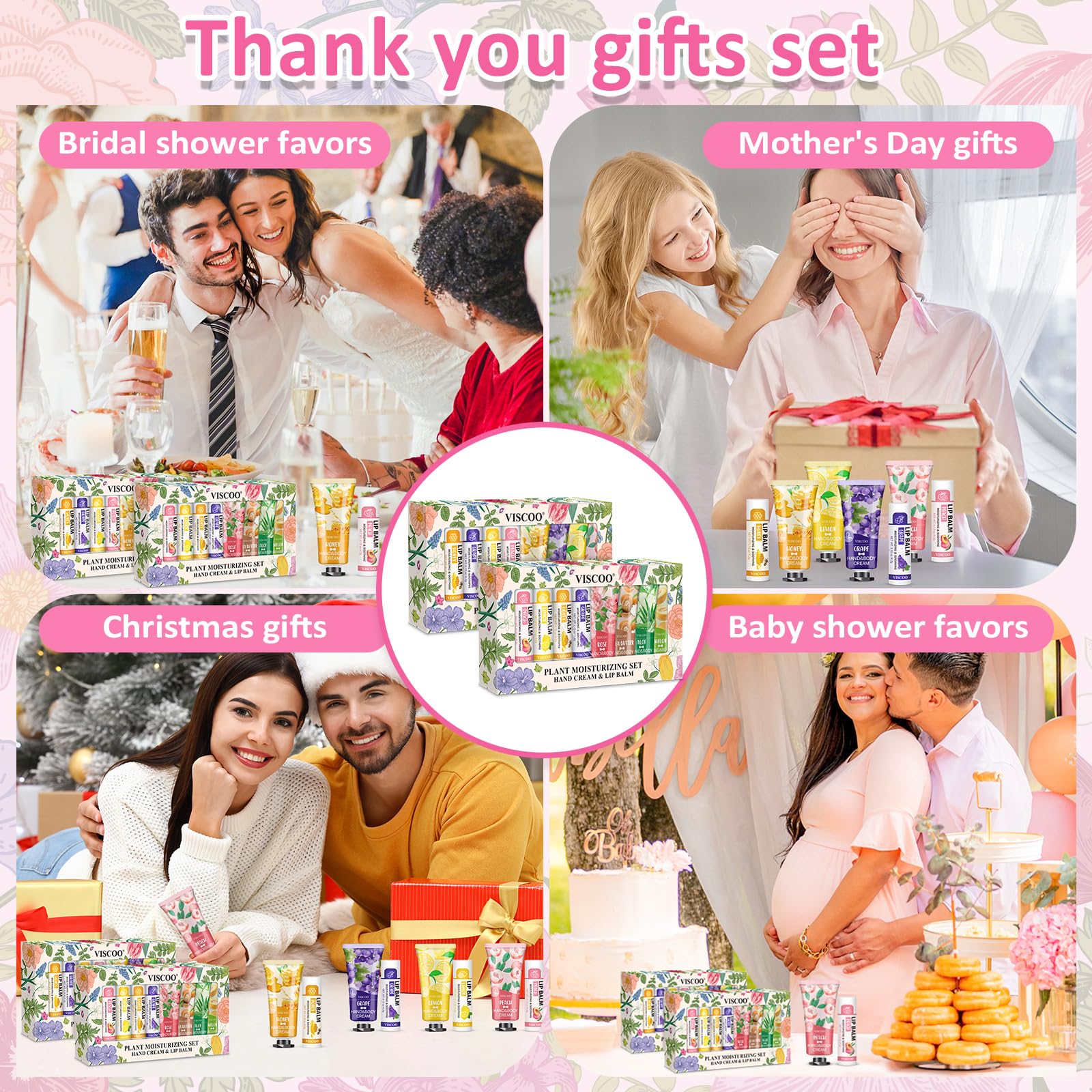 VISCOO 16 Pack Bulk Lip Balm and Hand Cream Set, Easter Basket Stuffers for Her, Thank You Bridal Wedding Favors for Guests, Mothers Day Gifts, Teacher Appreciation Gift and Nurse Gift
