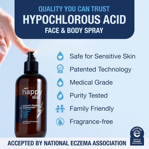 Happy Skin .02% Hypochlorous Acid Spray Toner– Extra Strength, Extra Gentle 100% Natural Toner & Skin Cleanser for Face & Body– Soothe, Hydrate & Repair Dry, Sensitive Skin– pH Balanced, Non-Toxic 8oz
