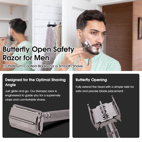 Double Edge Safety Razor with 10 Disposable Blades, Butterfly Open Head Features - Washable Reusable Metal Razor, Ergonomic Design Portable Shaving Kit for Beard Shape Up - Gloss Black