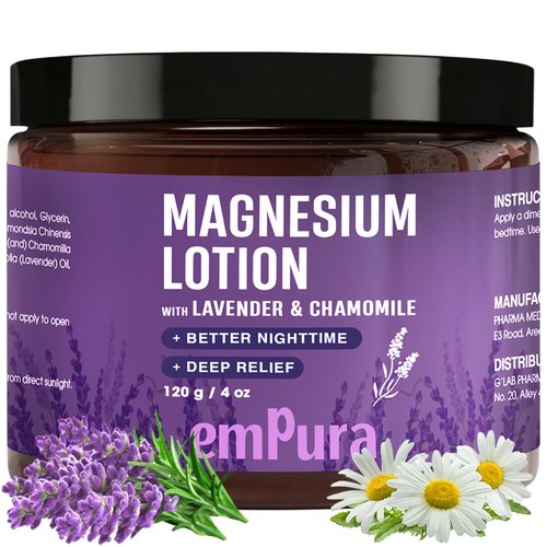 EMPURA Lavender Magnesium Lotion, Nighttime Magnesium Cream with Chamomile, Shea Butter & Jojoba Oil - Hand, Legs, Arms, Foot Lotion for Muscle Relief & Relaxation (4oz)