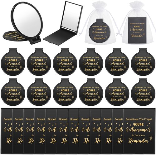 Geetery 48 Sets Inspirational Compact Mirror Bulk Round Makeup Glass Purse Pocket Mini Hand Folding Makeup Mirror with Gift Bags for Women Day Coworker Friends