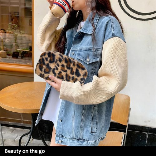 STARDW Leopard Print Makeup Bag - Plush Faux Fur Travel Cosmetic Pouch with Zipper