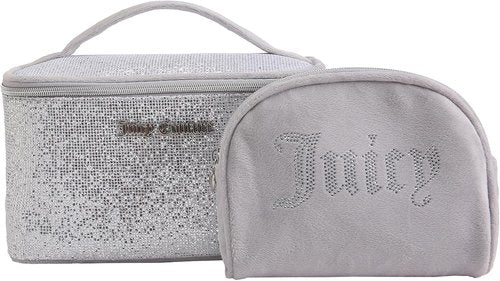 Juicy Couture Silver Sparkle Makeup Bag Set - Travel Essentials Organizer with Glitter & Rhinestones