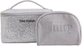 Juicy Couture Silver Sparkle Makeup Bag Set - Travel Essentials Organizer with Glitter & Rhinestones