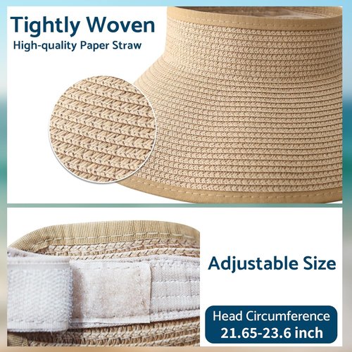 NPJY Sun Hats for Women - Wide Brim Roll-Up Beach Hat | Packable & Foldable Straw Visor