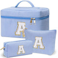 Personalized Monogram Makeup Bag, 3PCS Custom Monogrammed Toiletry Cosmetic Bag for 6-18 Teen Girls Women,Birthday Graduation Gifts Initial Pouch Makeup Bags for Women Girls, Make Up Bag (A, Blue)