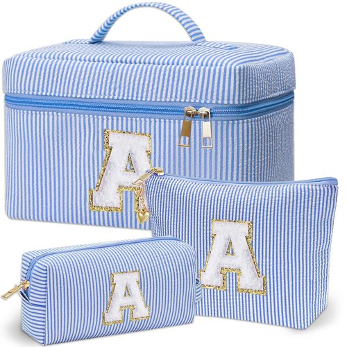 Personalized Monogram Makeup Bag, 3PCS Custom Monogrammed Toiletry Cosmetic Bag for 6-18 Teen Girls Women,Birthday Graduation Gifts Initial Pouch Makeup Bags for Women Girls, Make Up Bag (A, Blue)