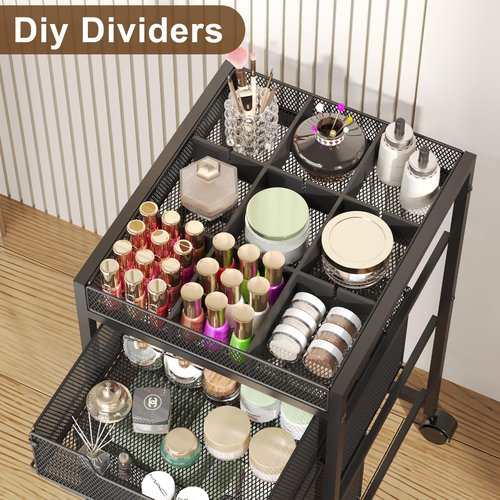 JKsmart Rolling Makeup Cart Organizer with 3 Drawers, Cosmetics Display with Dividers, Floor Skincare Storage with Wheels, Versatile Vanity Organizer for Nail Polish Perfume Brush Hair Tool, Black