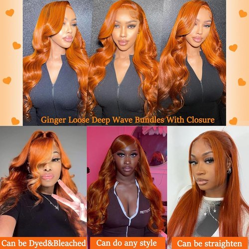 Loose Deep Wave Bundle Human Hair 16 Inch 350 Ginger Orange Color 10A Brazilian Human Hair Bundle Quick Weave Hair Extensions for Women