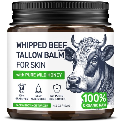 Beef Tallow for Skin – Grass Fed Face Moisturizer & Whipped Body Balm - Honey & Beeswax – Vitamin A, D, E, K Rich Cream – Fragrance Free & Non-Comedogenic Dry Sensetive Skincare