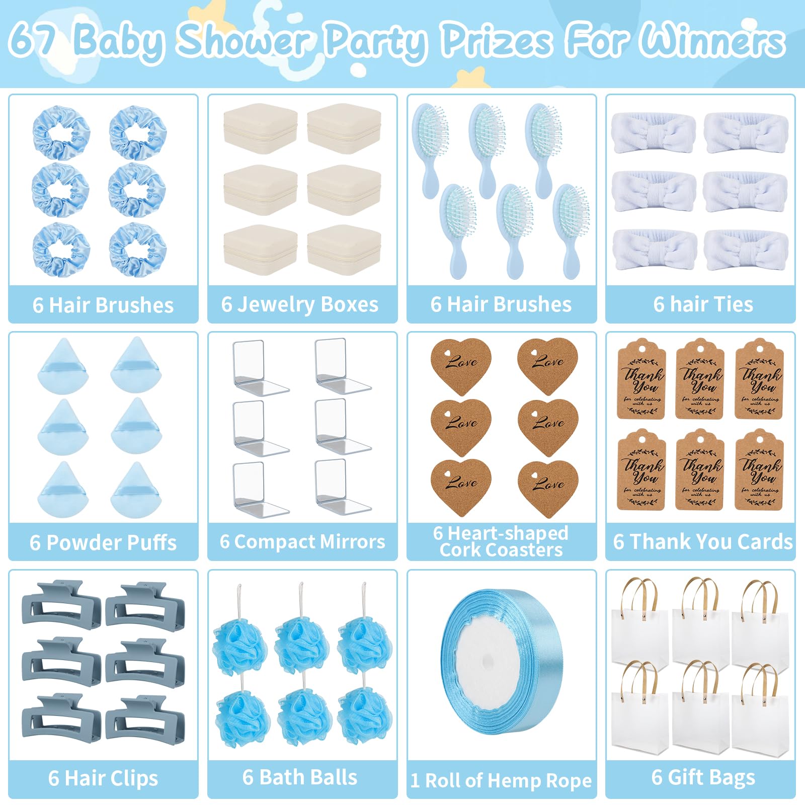 WAYASDCU 6 Sets Baby Shower Prizes for Game Winners Bath Sponges Heart Cork Coaster Headband Hair Brush Jewelry Box Compact Mirror Powder Puff Hair Tie Claw Gift Bag Bridal Shower