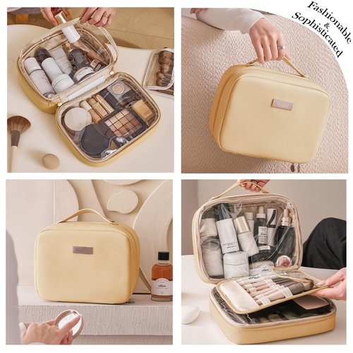 BAKLUCK Travel Makeup Bag Large Capacity Cosmetic Bags with Compartment Open Flat Make up Organizer Waterproof Leather for Women,Yellow