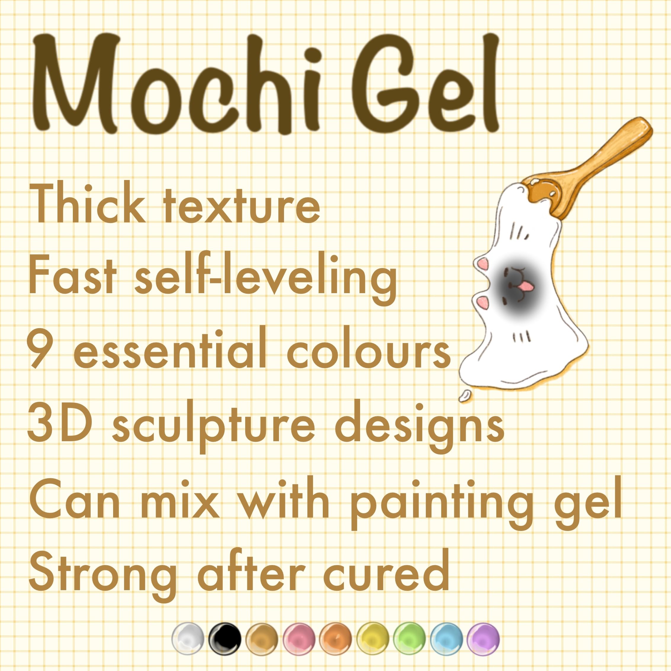 YJMyujimi Mochi Gel 3D Sculpture Paint Set, 9 Essential Colors, Self Leveling Texture, Mixing Compatible,DIY at home, Nail salons technicians UV curable