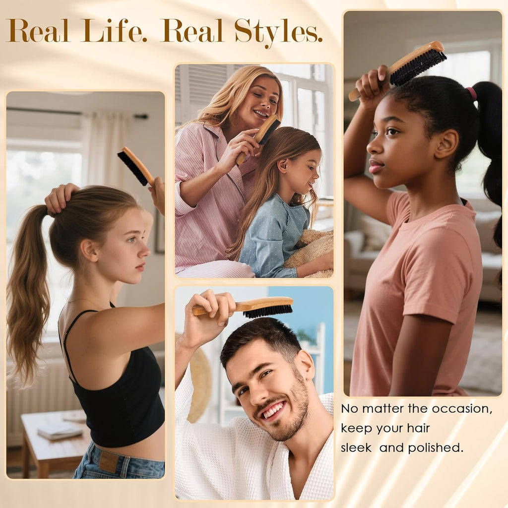 STYLEMATE Slick Back Hair Brush - Natural Soft Boar Bristle for Thin & Fine Hair | Medium Hardness Smoothing Tool