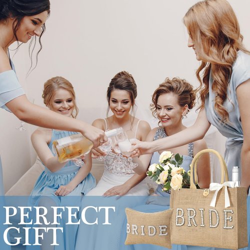 Sweetude 2 Pcs Bride Bag Set Bride Jute Beach Tote Bag with Ribbon Makeup Pouch with Rhinestone Letter Bridal Shower Gift for Bachelorette Wedding Engagement