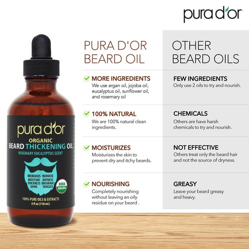 PURA D'OR 4 Oz Thickening Beard Oil – Moisturizing Blend with Rosemary, Biotin & Castor Oil – Increases Moisture, Thickness and Shine - Reduces Dryness and Breakage