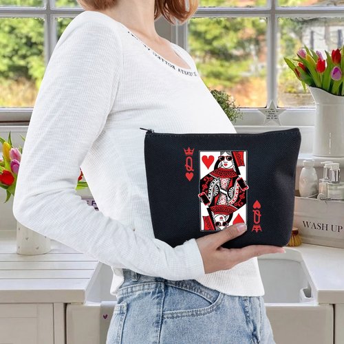 LEVLO Queen of Hearts Cosmetic Make Up Bag King and Queen Gift Blackjack Cards Poker Makeup Zipper Pouch Bag (Q Black)