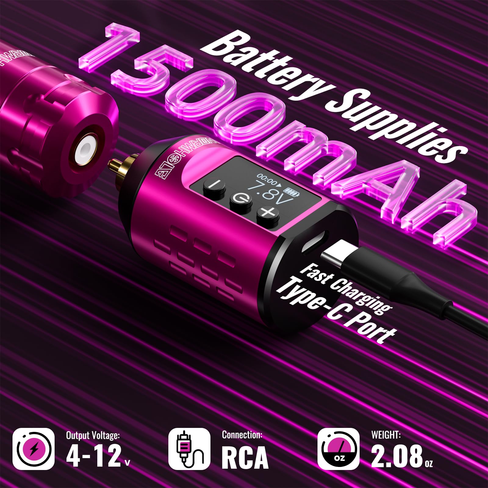 Wormhole Tattoo 79PCS Wireless Tattoo Practice Gun Kit - Battery Pack 1,500mAh Capacity, 20PCS Tattoo Needles, LED Digital Display - Professional Equipment for Beginners and Tattooist - Pink