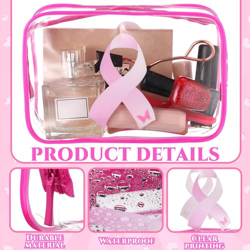 Reginary 20 Pcs Breast Cancer Awareness Clear Makeup Bag Favor, Transparent PVC Waterproof Travel Toiletry Bags with Pink Ribbon Design for Women and Girls, Cancer Survivor and Charity Event Gifts