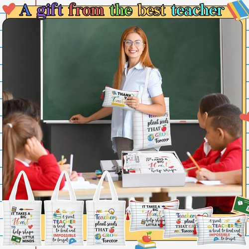 Paterr 12 Pcs Teacher Appreciation Gift Basket Filler Canvas Teacher Tote Bag Makeup Bag for Graduation School Classroom Gift(Notebook)