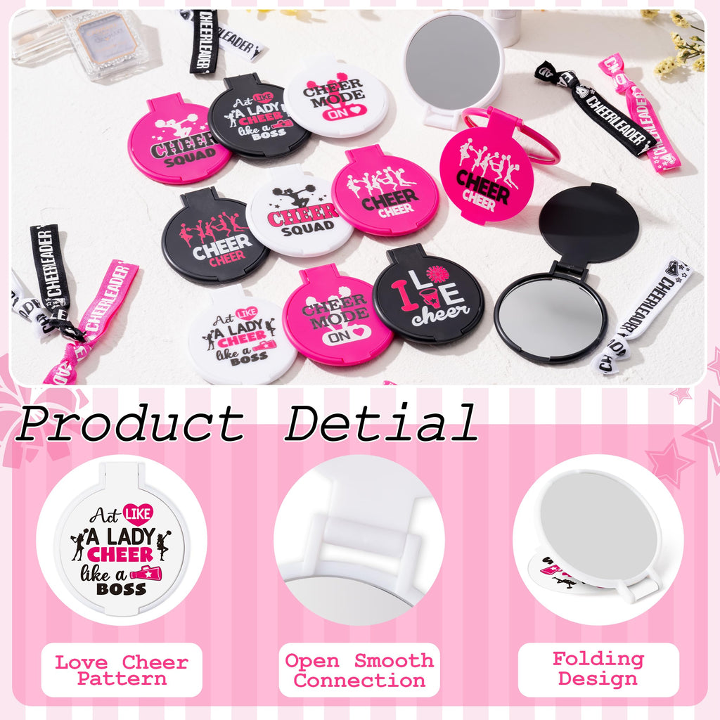Y1tvei Cheerleading Mirror Hairband Gifts - 96Pcs Black White Pink Compact Mini Folding Pocket Mirrors with Hairbands I Love Cheer Team Accessories Bulk Gifts for Team Cheerleader Cheer Party Favors