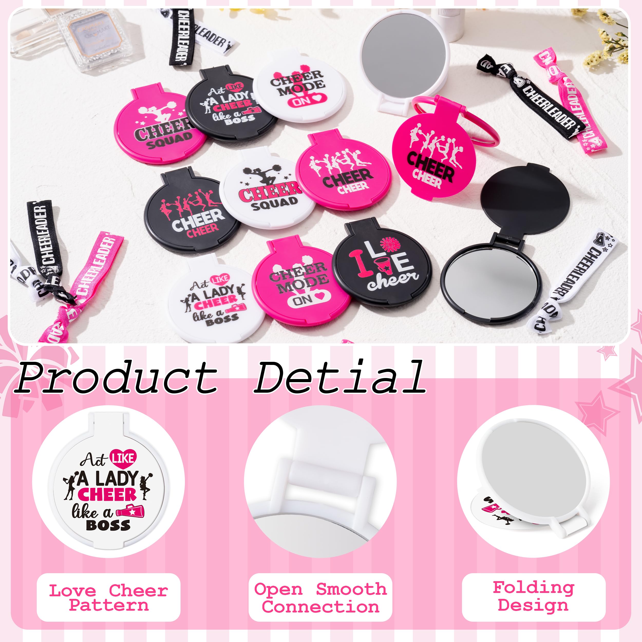 Y1tvei Cheerleading Mirror Hairband Gifts - 96Pcs Black White Pink Compact Mini Folding Pocket Mirrors with Hairbands I Love Cheer Team Accessories Bulk Gifts for Team Cheerleader Cheer Party Favors