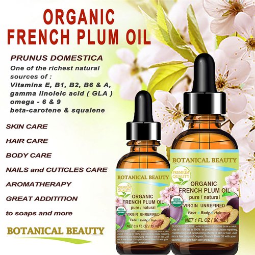Botanical Beauty Organic French PLUM OIL 100% Pure Natural VIRGIN UNREFINED Cold-Pressed Carrier Oil for Face, Skin, Body, Hair, Lip, Nails. Rich in Vitamin E, Omega 6, Omega 9 (4 Fl Oz)
