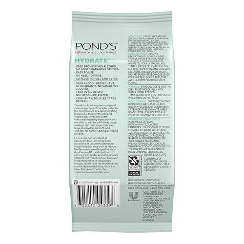 Pond's Vitamin Micellar Wipes - Hydrating Aloe Vera for Dry Skin | Removes Waterproof Makeup, 25 Wipes (Pack of 2)