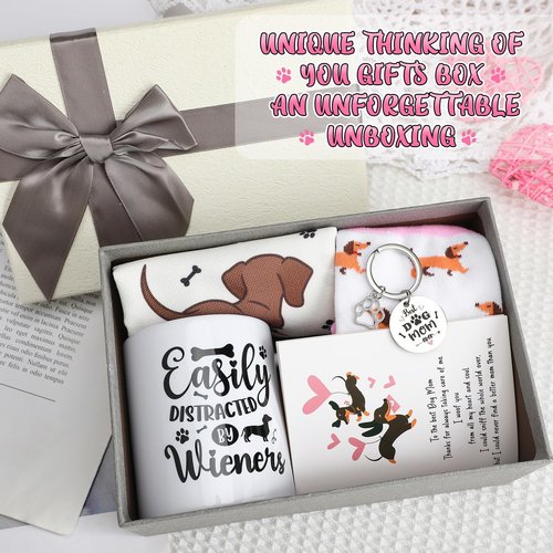 Jingmore 6 Pcs Dachshund Gift Set for Women Weiner Dog Makeup Bag Novelty Crew Socks 11oz Coffee Mug Dachshund Lover Basket Gift Set for Mom Daughter Mother's Day Birthday New Puppy Owners