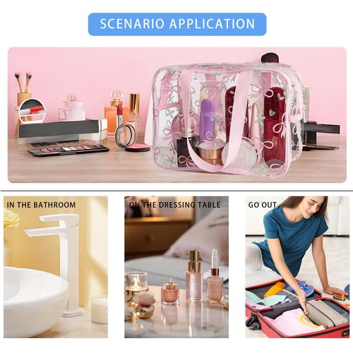 TotePrint Flower Makeup Bag - Clear Printable Vinyl Cosmetic Pouch, Waterproof Small Clear Gift Bags for Travel & Organizer (Pink Bow)
