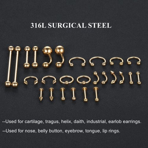 58PCS Body Piercing Kit Surgical Steel 14G 16G BCR CBR Labret Lip Rings Cartilage Daith Earrings Belly Button Rings Nose Septum Piercing Jewelry Needles Gloves Clamps Tools