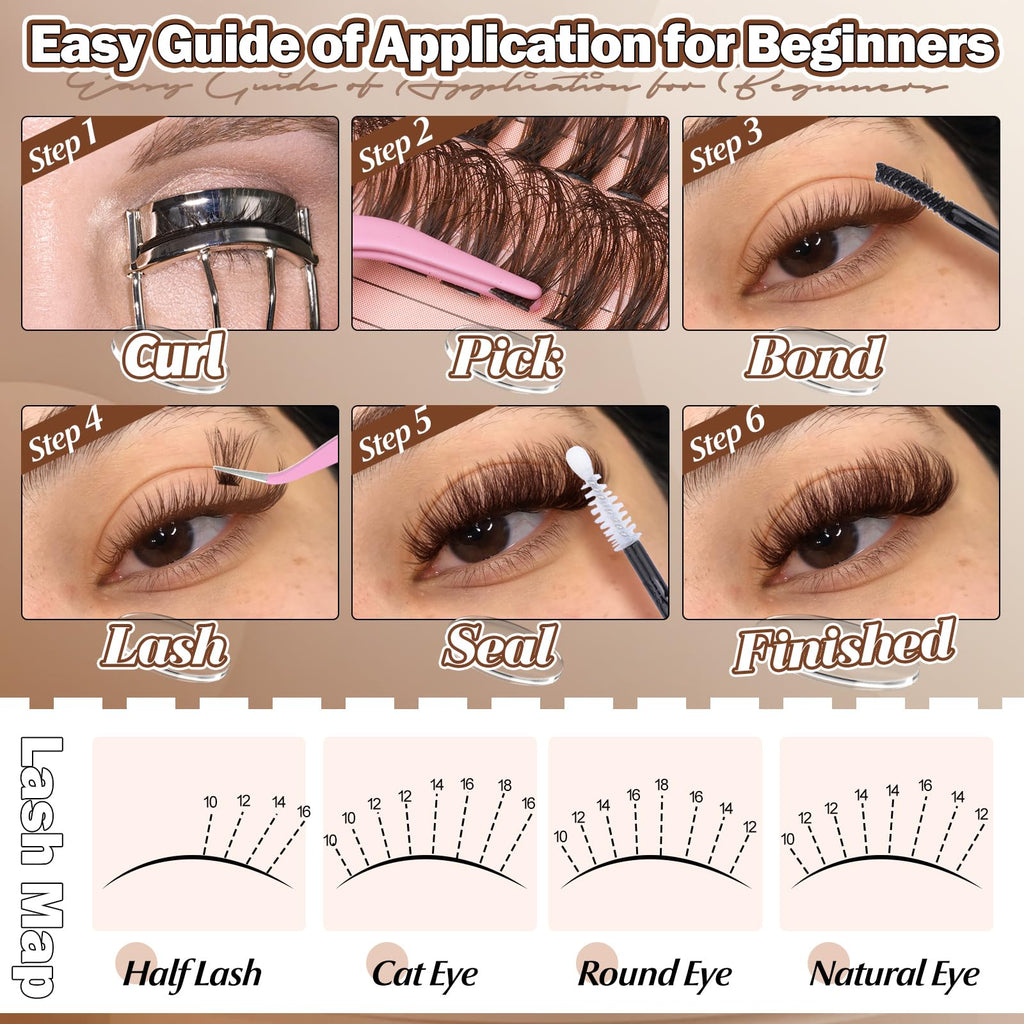 Yawamica Brown Lash Clusters Fluffier Eyelash Extension 10-16mm Individual Lashes D Curly Eyelash Clusters 40D+50D+70D Volume 300pcs Cluster Lashes Pestañas Pelo a Pelo DIY Lash Extension at Home