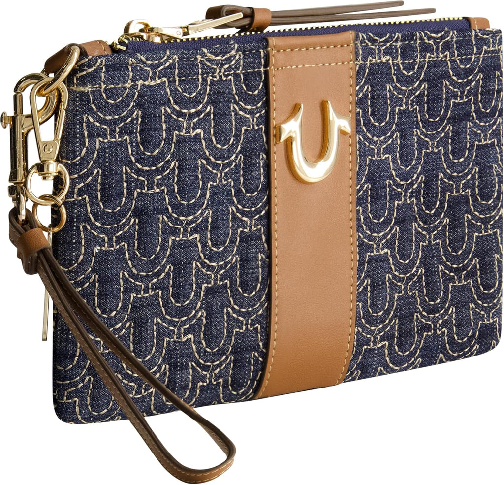 True Religion Mini Wallet - Compact Quilted Clutch Pouch with Wrist Strap | Dark Denim, One Size