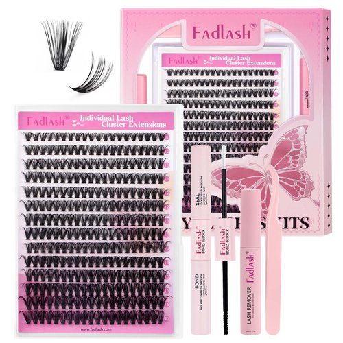FADLASH Lash Clusters Kit Individual Natural Eyelash Extensions with Lash Bond and Seal Lash Glue Remover and Eyelash Tweezers for Beginners DIY at Home (40D-0.07D, 8-16mm, Kit)