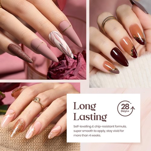 Beetles Gel Nail Polish Set, 23Pcs Brown Burgundy Red Nude Pink Gel Polish Set with Base Top Coat Verse of Roses Kit, Soak off Uv Gel Golden Glitter Holiday Nail Gift for Women