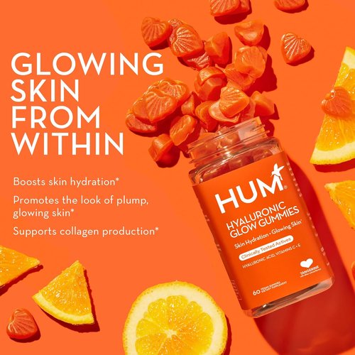 HUM Hyaluronic Glow Skin Care Supplement - Hydrating Vegan Gummies with Vitamin C & E | Tangerine, 60 Count